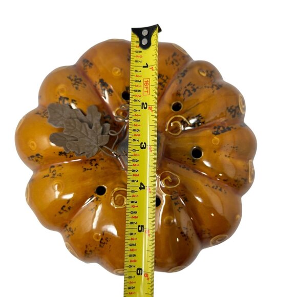 Glass Pumpkin Decorative Fall Halloween Art Swirls Metal Stem Leaves 6 x 5 - Picture 7 of 8